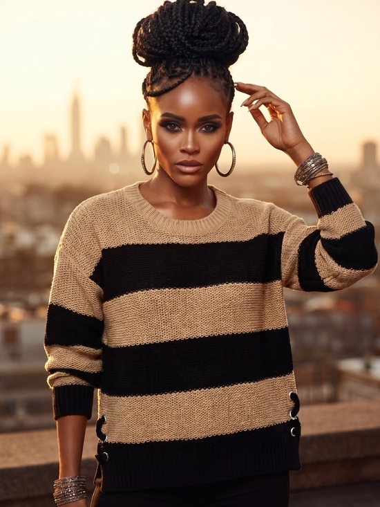 Pink Republic Sweaters - Pink Republic Beige and Black Striped Crew Sweater